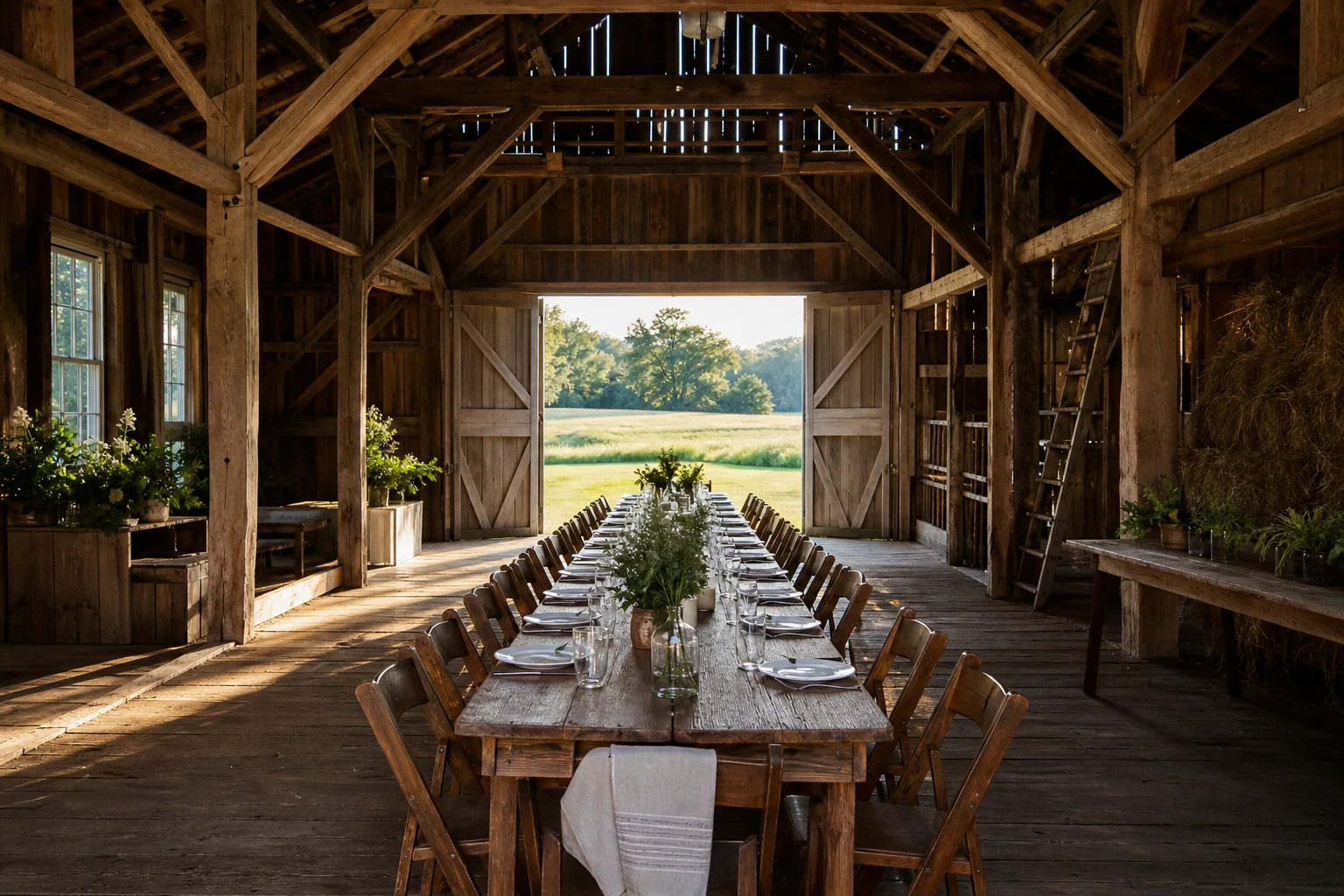 A welcoming long table inside the farm's historic barn