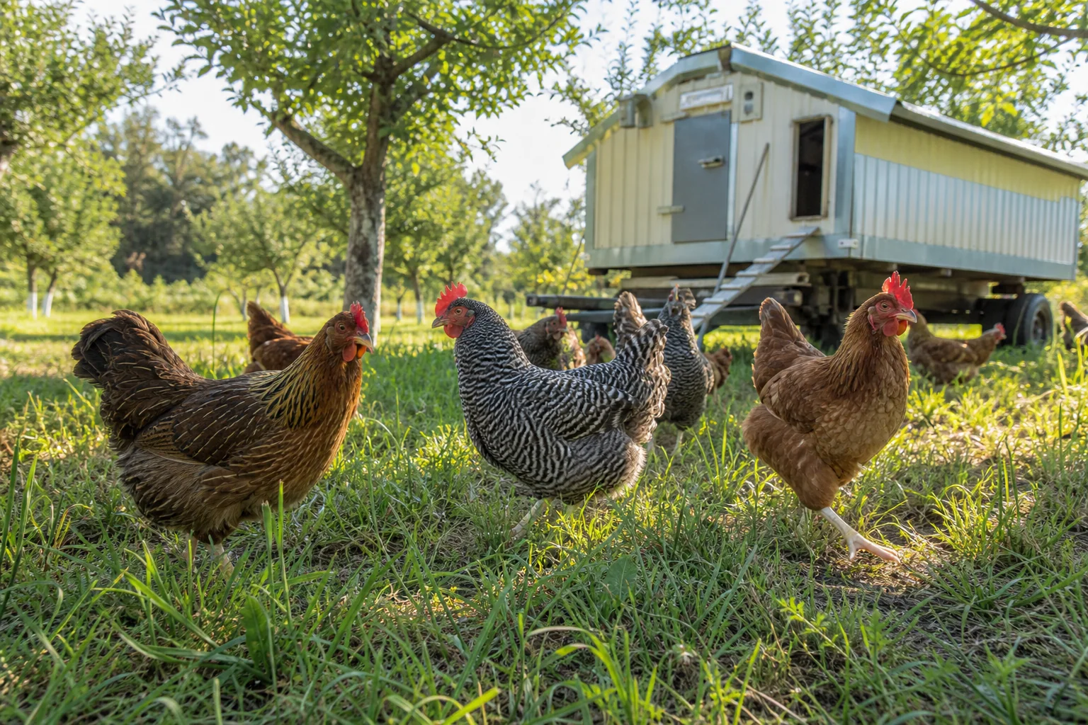 Free range hens near their mobile coop
