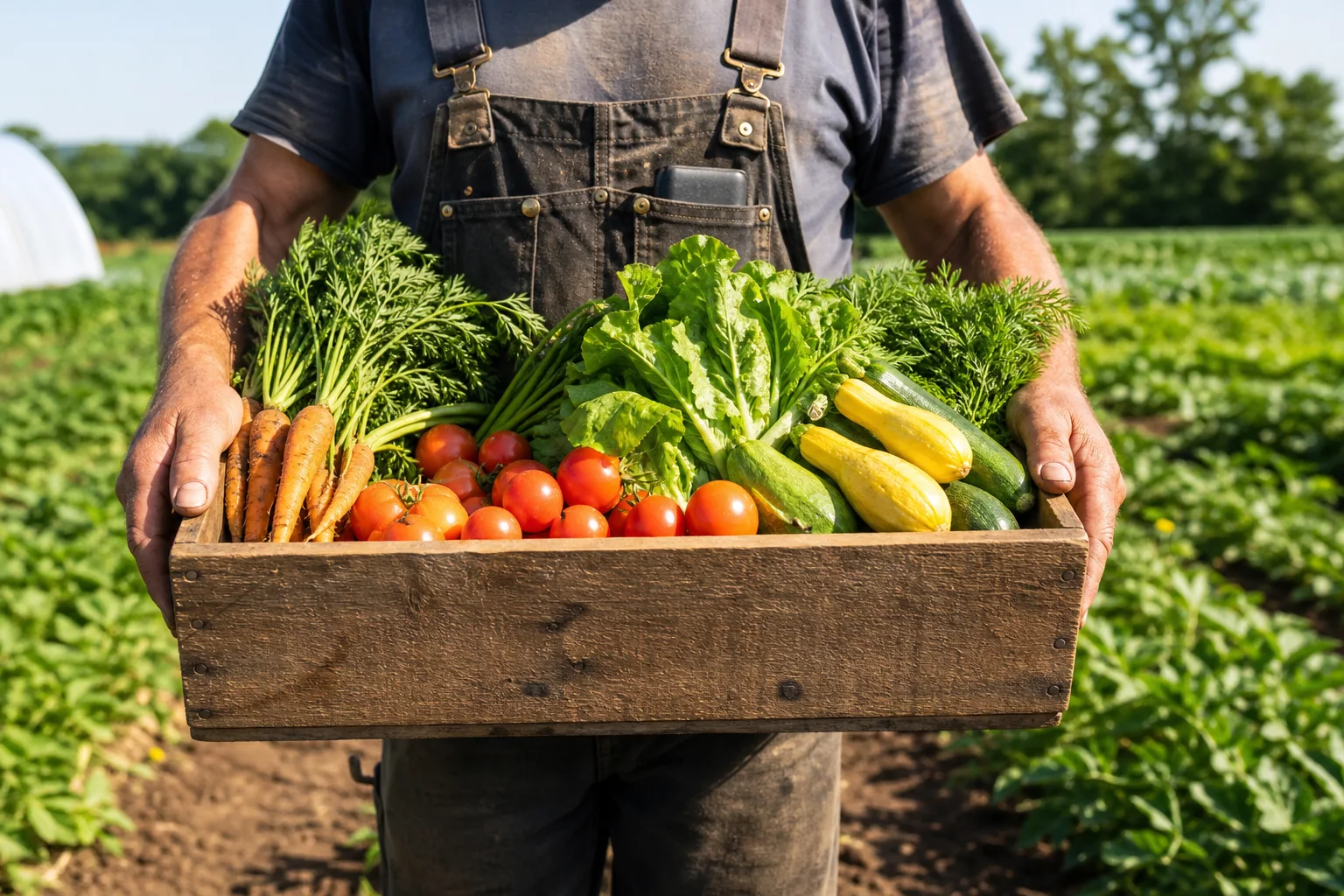 A crate of freshly harvested produce from the farm